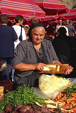 Lady grating cabbage, Dolac market, Zagreb, Croatia, Europe