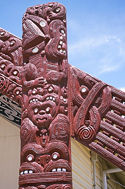 Maori carved bargeboards on meeting house, Whakarewarewa centre, Rotorua, South Auckland, North Island, New Zealand, Pacific