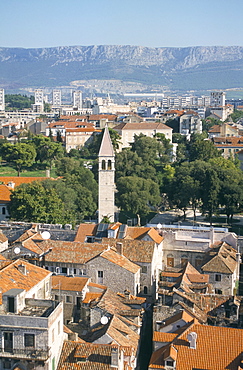 View over Diocletian's palace area of the Old Town from cathedral campanile, Split, Dalmatia, Croatia, Europe