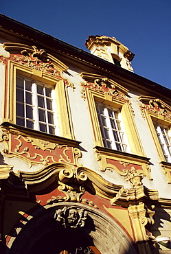 Ornate scrollwork over building housing art gallery, Litomerice, North Bohemia, Czech Republic, Europe