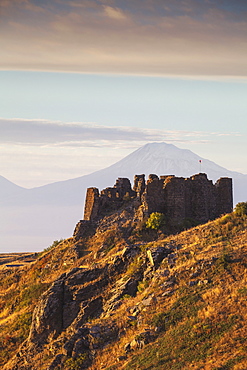 Amberd fortress located on the slopes of Mount Aragats, with Mount Ararat in the distance, Yerevan, Aragatsotn, Armenia, Central Asia, Asia 