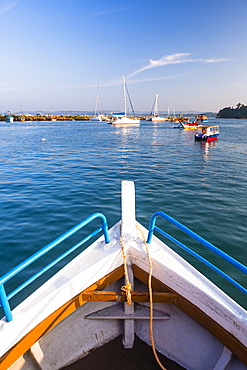 Whale watching boat heading out on a whale watching trip from Mirissa Harbour, South Coast, Sri Lanka, Asia 