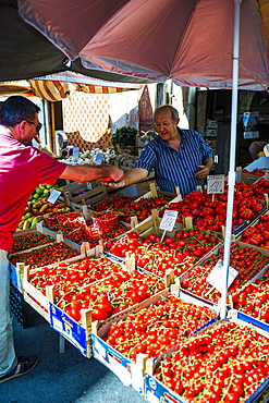 Sicilian person buying tomatoes at Ortigia Market, Syracuse (Siracusa), Sicily, Italy, Europe