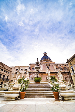 Pretoria Fountain, Pretoria Square (Piazza) with dome of Church of Santa Caterina in background, Palermo, Sicily, Italy, Europe 