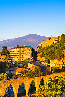 Top of Mount Etna volcano at sunrise rising above Taormina, Sicily, Italy, Mediterranean, Europe 