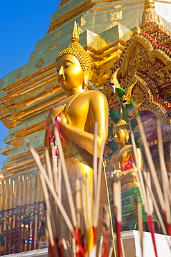 Gold leaf Buddha and incense sticks at Wat Doi Suthep Temple, Chiang Mai, Thailand, Southeast Asia, Asia