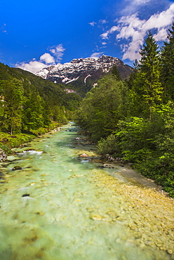 Soca River and Julian Alps in the Soca Valley, Triglav National Park (Triglavski Narodni Park), Slovenia, Europe