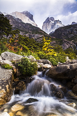 Los Cuernos and a waterfall in Torres del Paine National Park (Parque Nacional Torres del Paine), Patagonia, Chile, South America