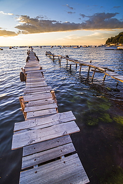 Lake Titicaca pier at sunset, Copacabana, Bolivia, South America