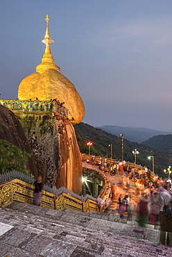 Golden Rock (Kyaiktiyo Pagoda) at night, a Buddhist Temple in Mon State, Myanmar (Burma), Asia