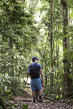 Tourist on a jungle trek in Gunung Leuser National Park, Bukit Lawang, North Sumatra, Indonesia, Southeast Asia, Asia