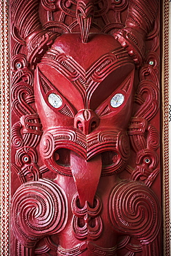 Wooden carving at a Maori Meeting House, Waitangi Treaty Grounds, Bay of Islands, Northland Region, North Island, New Zealand, Pacific