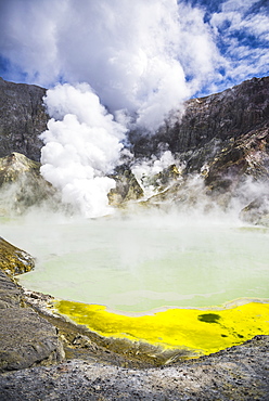 Acid Crater Lake, White Island Volcano, an active volcano in the Bay of Plenty, North Island, New Zealand, Pacific