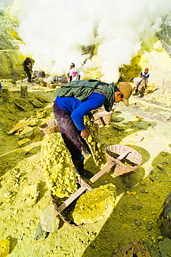 Sulphur miner working at Kawah Ijen, Java, Indonesia, Southeast Asia, Asia