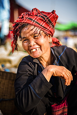 Portrait of Pa-O woman at Ywama Market, Inle Lake, Shan State, Myanmar (Burma), Asia