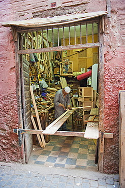 Carpenter in his workshop in the souk of Marrakech, Morocco, North Africa, Africa 