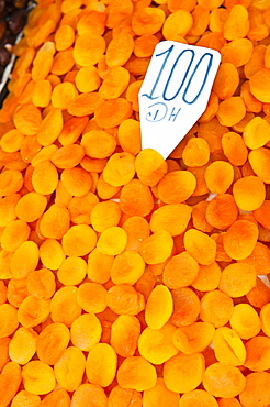 Dried apricots for sale in the souks in Djemaa El Fna, Marrakech, Morocco, North Africa, Africa 