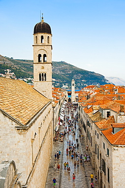 Dubrovnik Old Town, Stradun, Franciscan Monastery and City Bell Tower from Dubrovnik City Walls, UNESCO World Heritage Site, Dubrovnik, Dalmatian Coast, Croatia, Europe 