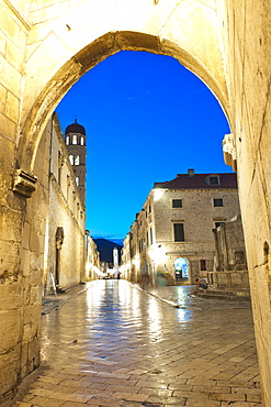 Stradun, the Franciscan Monastery and Old Town Bell Tower in Dubrovnik Old Town at night, UNESCO World Heritage Site, Dubrovnik, Croatia, Europe 