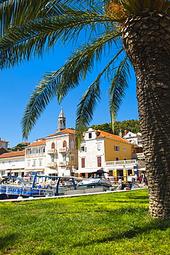 Hvar town centre, church bell tower, Hvar Island, Dalmatian Coast, Croatia, Europe 