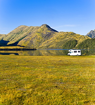 Caravan at Lake Moke Department of Conservation campsite, Queenstown, Otago, South Island, New Zealand, Pacific 