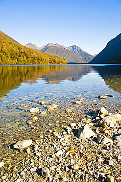 Reflection of mountains in Lake Gunn, Fiordland National Park, UNESCO World Heritage Site, South Island, New Zealand, Pacific 