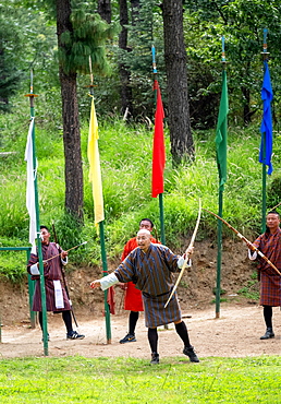 Men compete in an archery competition, Bhutan's national sport, Bhutan, Asia