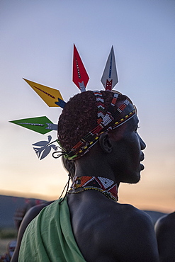 Portrait of Samburu tribal member wearing traditional head piece at dusk, Kenya, East Africa, Africa