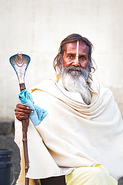 Portrait of Sadhu with cobra cane in Varanasi, India