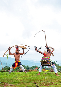 Caci men perform a traditional whip dance with bamboo shields and leather whips, western Flores, Indonesia, Southeast Asia, Asia