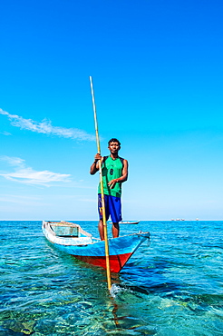 Portrait of Bajau fisherman scouring the ocean, Togian Islands, Indonesia, Southeast Asia, Asia