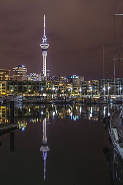 Night view of the city of Auckland from Auckland Harbour, North Island, New Zealand, Pacific 