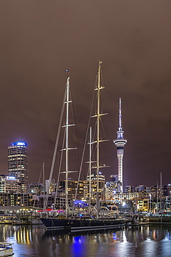 Night view of the city of Auckland from Auckland Harbour, North Island, New Zealand, Pacific