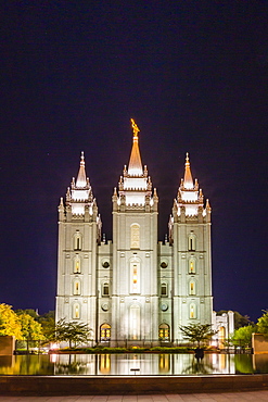 The Salt Lake Temple at night, operated by The Church of Jesus Christ of Latter-day Saints, Salt Lake City, Utah, United States of America, North America