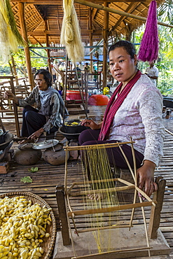 Hand spinning silk from silk worms in the village of Koh Oaknha Tey, Cambodia, Indochina, Southeast Asia, Asia