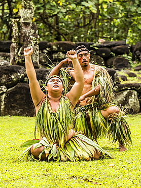 Traditional dance performed in ceremonial costume in Hatiheu, Nuku Hiva Island, Marquesas, French Polynesia, South Pacific, Pacific