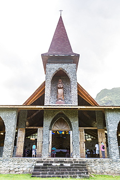 Exterior view of the Catholic Church in the town of Vaitahu on the island of Tahuata, Marquesas, French Polynesia, South Pacific, Pacific