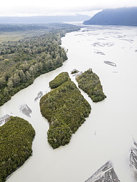 Aerial view of the braided Chilkat River flowing towards Lynn Canal near Haines, Southeast Alaska, United States of America