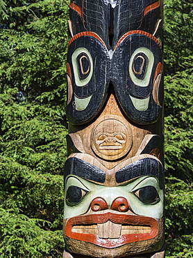 Detail of a totem pole on display at Sitka National Historical Park in Sitka, Baranof Island, Southeast Alaska, United States of America