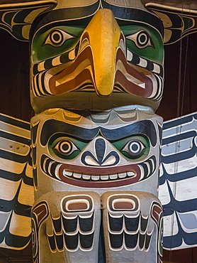 Totem pole in the longhouse of the Kwakwaka'wakw people, Alert Bay, British Columbia, Canada, North America