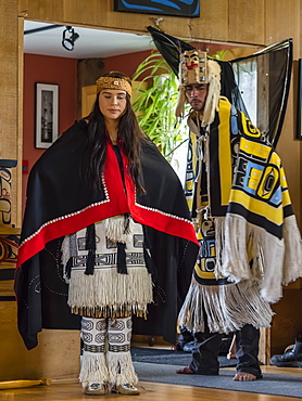 Native dancers in traditional Haida dancing regalia, Old Masset, Haida Gwaii, British Columbia, Canada, North America