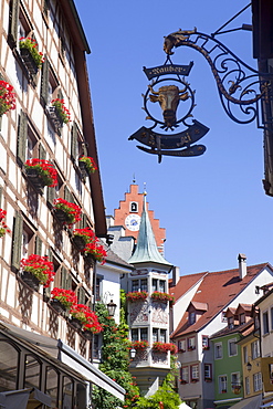 Historical center of Meersburg with shop sign, Lake Constance, Swabia, Baden-Wuerttemberg, Germany, Europe