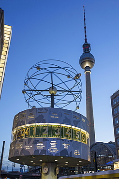 Alexanderplatz in the evening light, TV Tower and World Time clock, Berlin, Germany