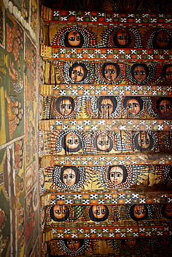 Ceiling fresco of winged angel heads in a monastery, Debre Berhan Selassie, Gondar, Amhara region, Ethiopia