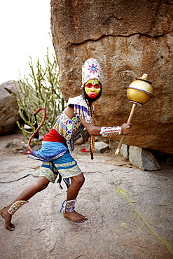 Person playing monkey god Hanuman, Malyavanta Raghunathaswamy temple, Hampi, Karnataka, India