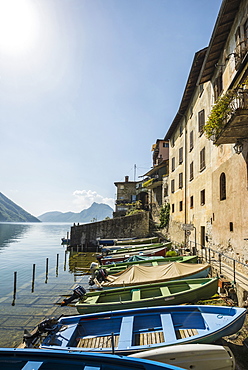 Boats at anchor in Gandria, Lugano, Lake Lugano, canton of Ticino, Switzerland