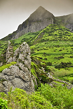 Volcanic basalt mountain Rocha dos Bordoes in the foggy highlands, Island of Flores, Azores, Portugal, Europe, Atlantic Ocean