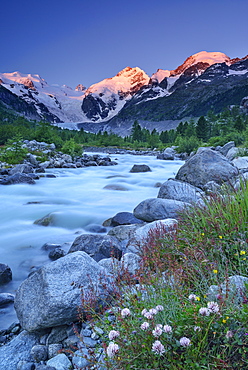 Stream in the mountains with view to Bernina range, valley of Morteratsch, Morteratsch, Bernina, Upper Engadin, Engadin, Grisons, Switzerland