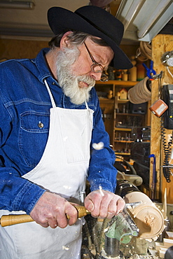 Man woodturning, Ore mountains, Saxony, Germany