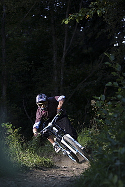 Mountain biker riding over forest track, Oberammergau, Bavaria, Germany